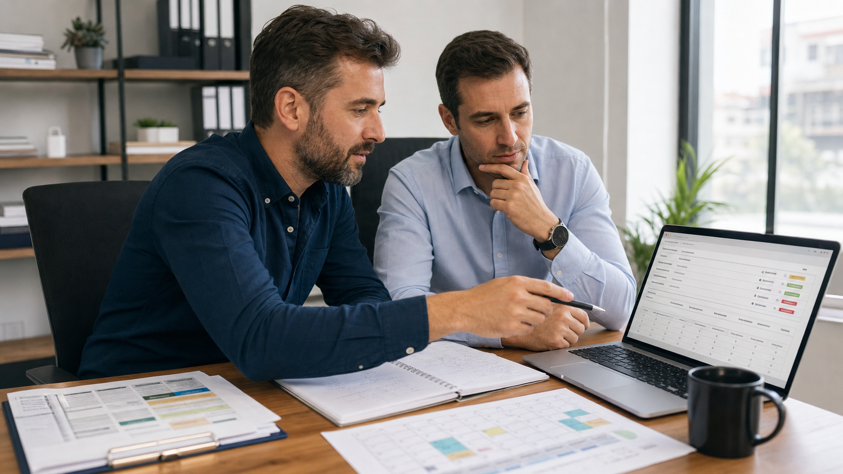 Antreprenor român și consultant de marketing analizând pe laptop mai multe abonamente de advertoriale, cu tabele de prețuri, site-uri și calendar de publicare într-un birou modern luminos