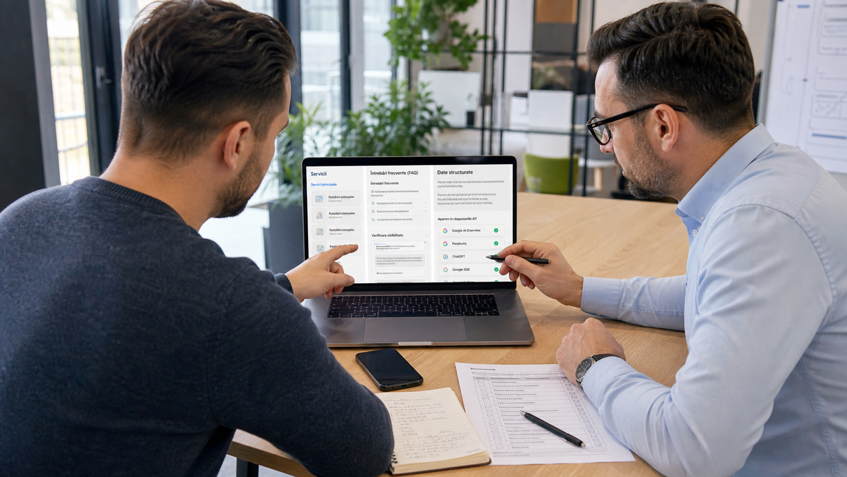 Antreprenor român și strateg SEO/AEO analizând într-un birou modern pe laptop o structură de pagini, FAQ și answer engines pentru vizibilitate în ChatGPT și Google AI