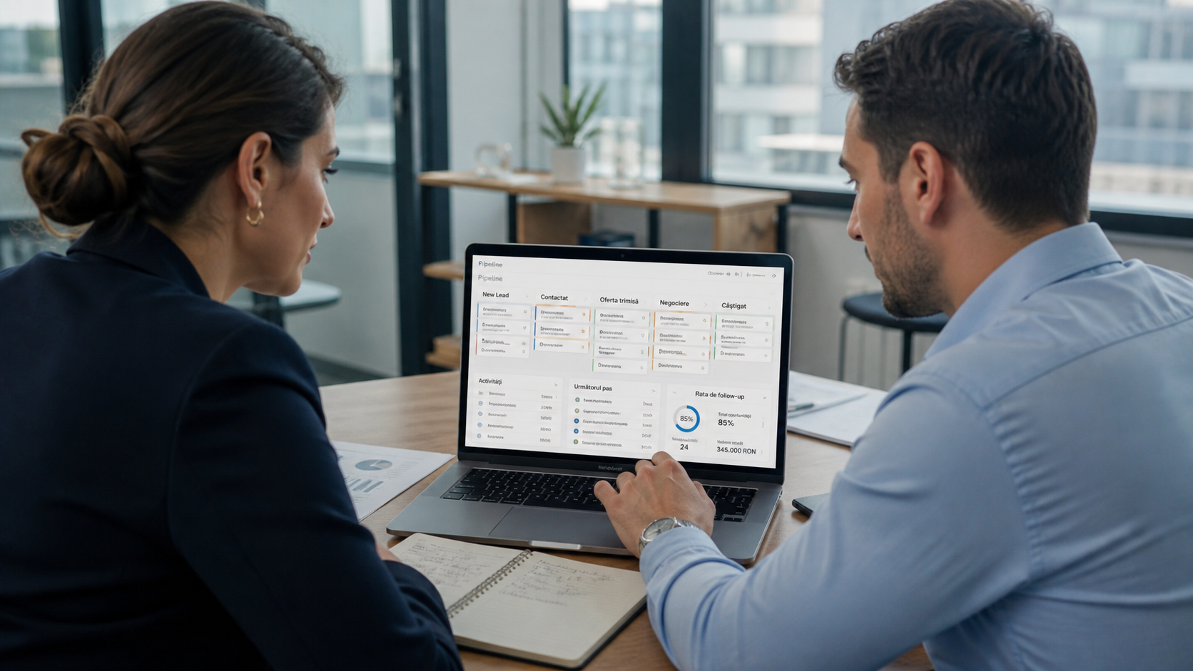 Manager de vânzări și specialist de marketing analizând pe un laptop un dashboard CRM cu pipeline, leaduri și taskuri de follow-up într-un birou luminos