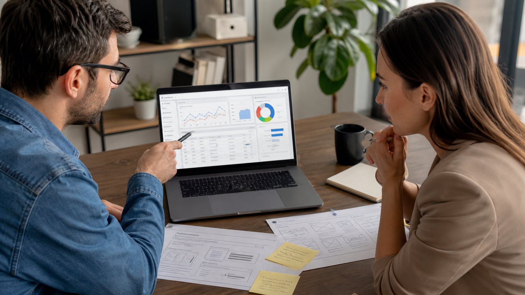 Consultant PPC și manager de marketing analizând pe laptop un cont Google Ads și un dashboard de conversii într-un birou modern