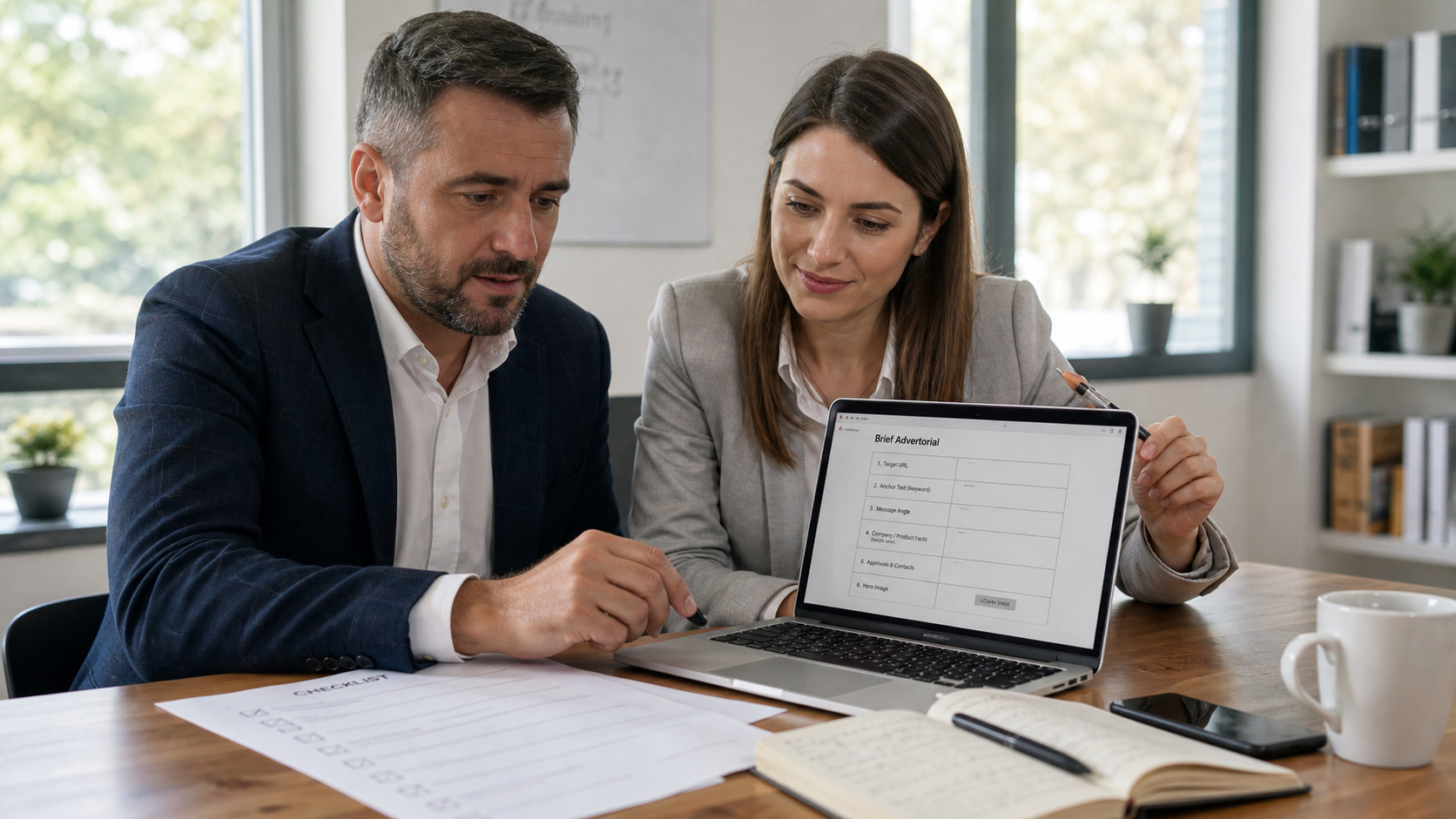 Antreprenor român și specialist în marketing pregătind într-un birou modern un brief pentru advertorial pe laptop, cu URL, mesaj cheie, anchor text și checklist editorial pe masă
