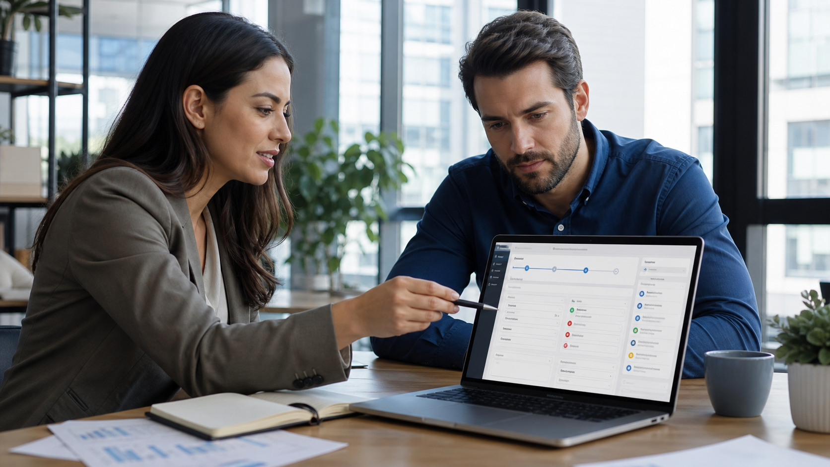 Două persoane dintr-o echipă B2B discută într-un birou modern în fața unui laptop cu un CRM generic și un formular de lead cu câmpuri obligatorii marcate discret