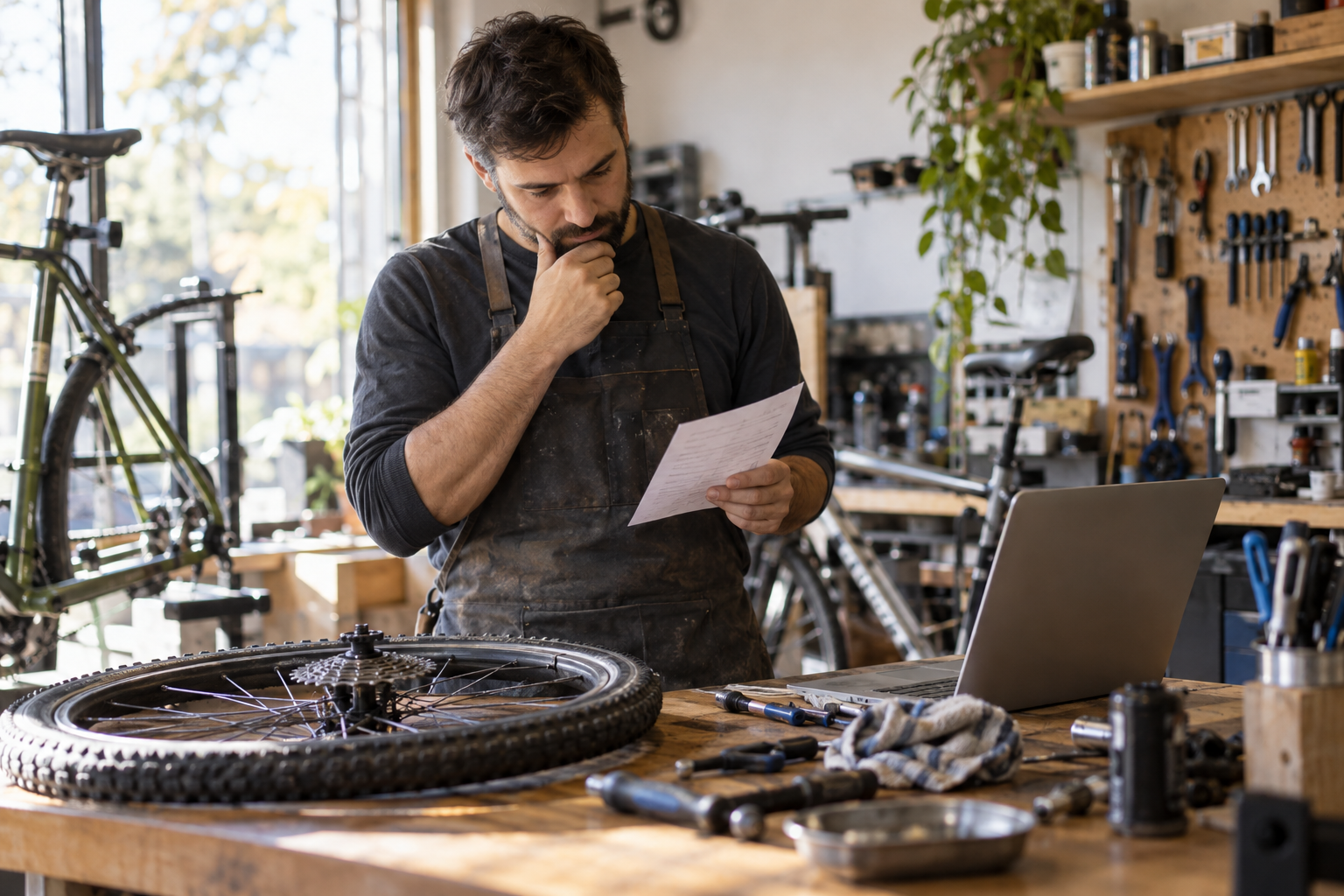 Mecanic care verifică o listă de activități într-un atelier de biciclete