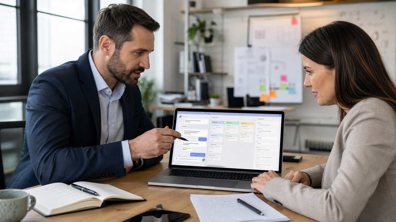 Consultant de marketing și manager de vânzări analizând pe laptop un chatbot de site, întrebări de calificare și un dashboard CRM într-un birou modern