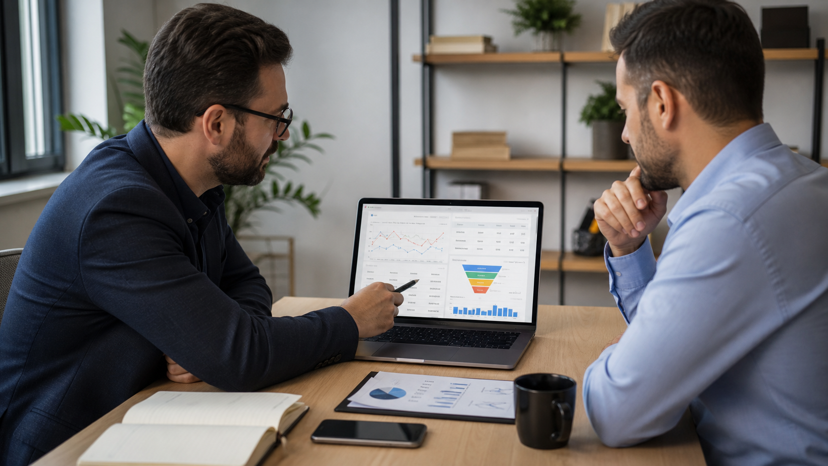 Consultant de marketing și manager comercial analizând într-un birou modern un laptop cu dashboard Google Ads și CRM generic pentru leaduri, conversii și oportunități