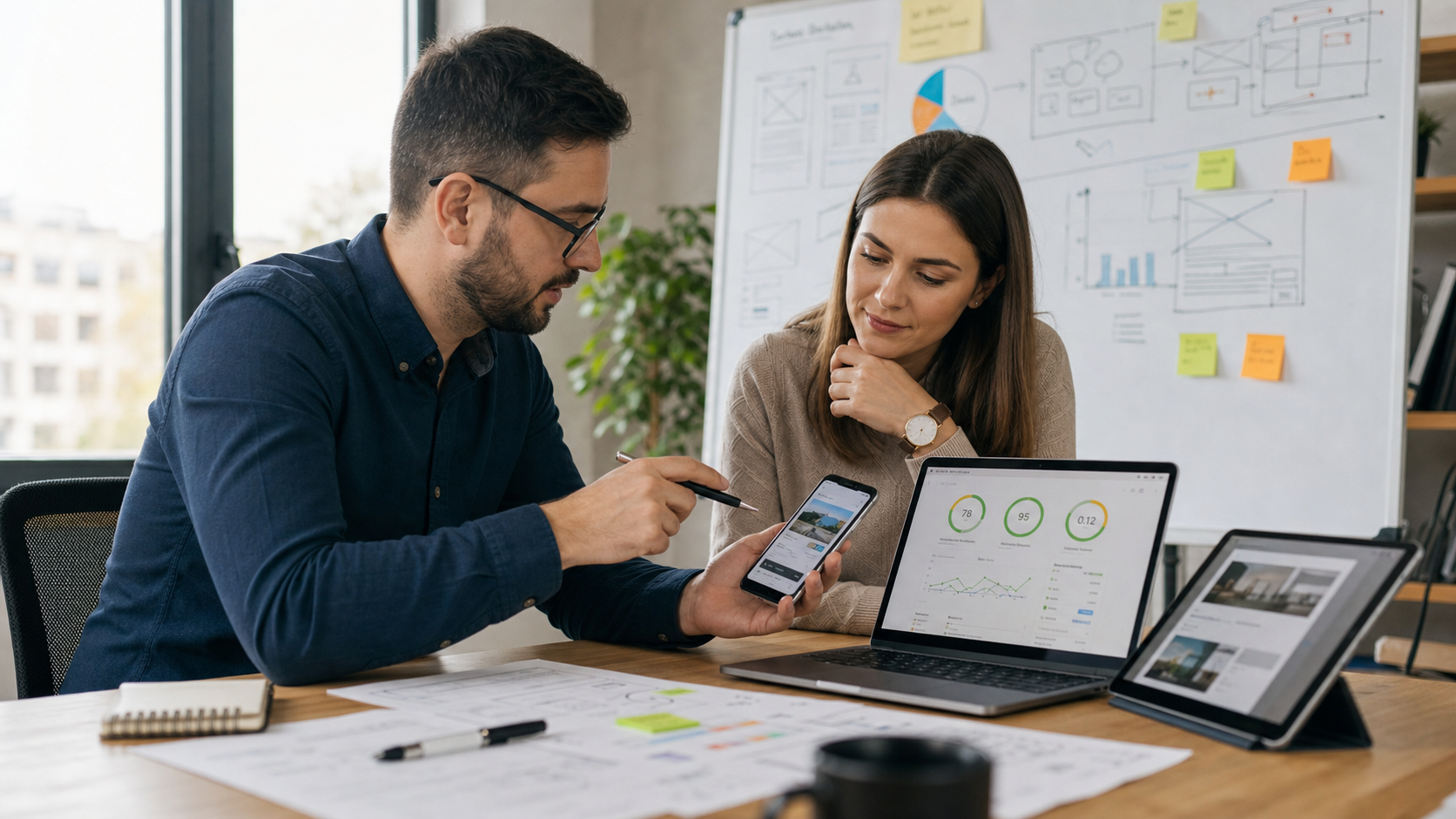 Specialist web performance și manager de marketing analizând viteza unei pagini mobile pe laptop și telefon