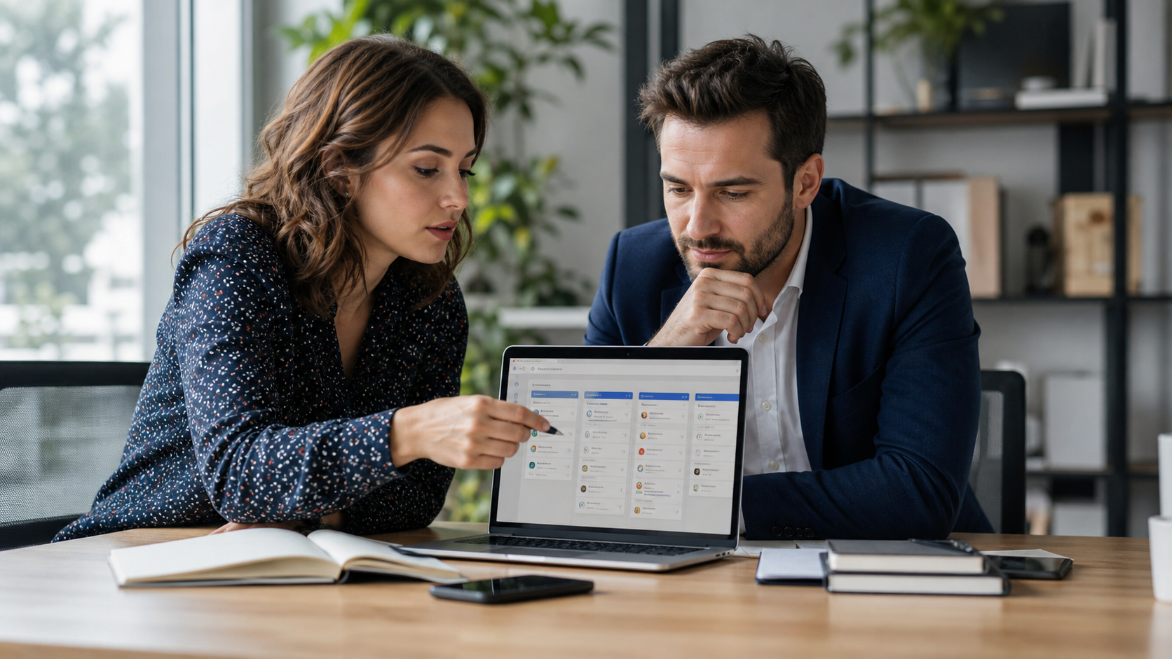 Antreprenor și consultant de marketing analizând pe laptop un CRM simplu pentru firme mici, cu pipeline de leaduri și taskuri de follow-up