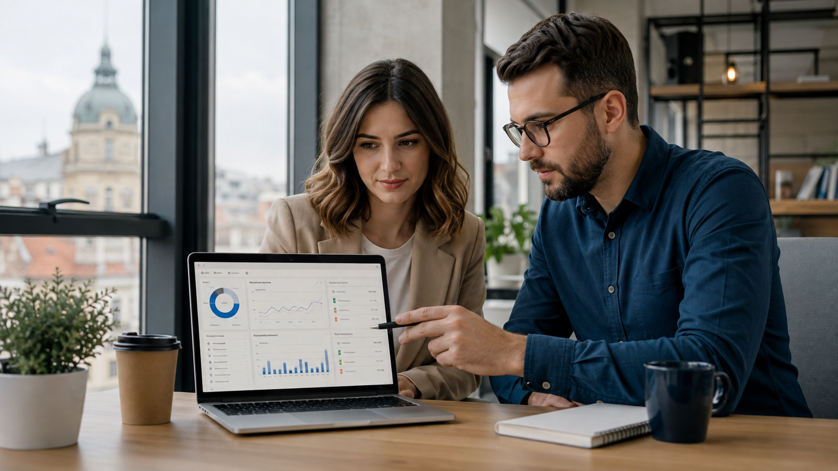 Specialist marketing și manager CRM analizând pe laptop segmente de clienți pentru Customer Match în Google Ads