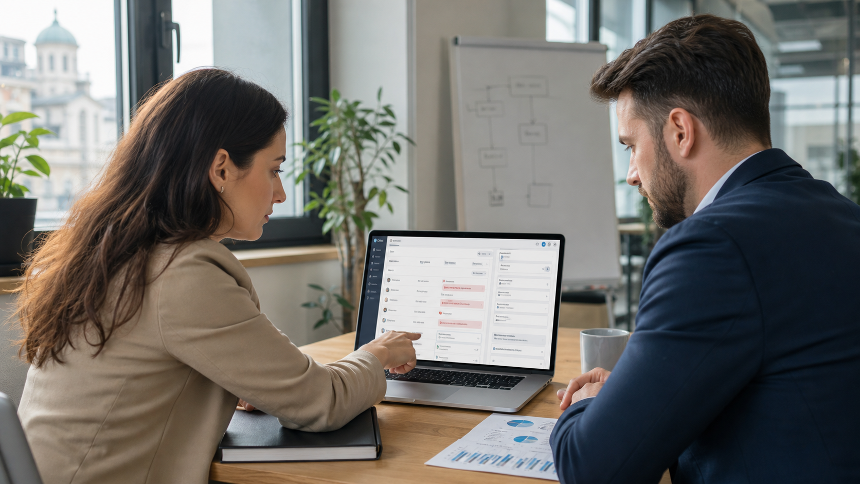 Manager comercial și specialist de marketing din România analizând pe laptop un CRM generic cu contacte duplicate, reguli de matching și activități de follow-up într-un birou modern luminos