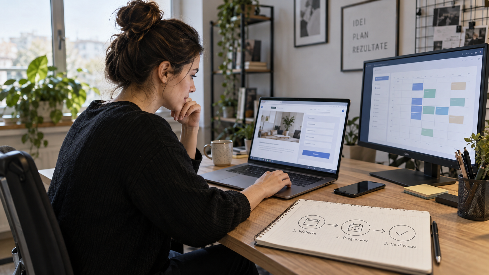 Analistă care testează un formular pe laptop, lângă un monitor cu un calendar de programări