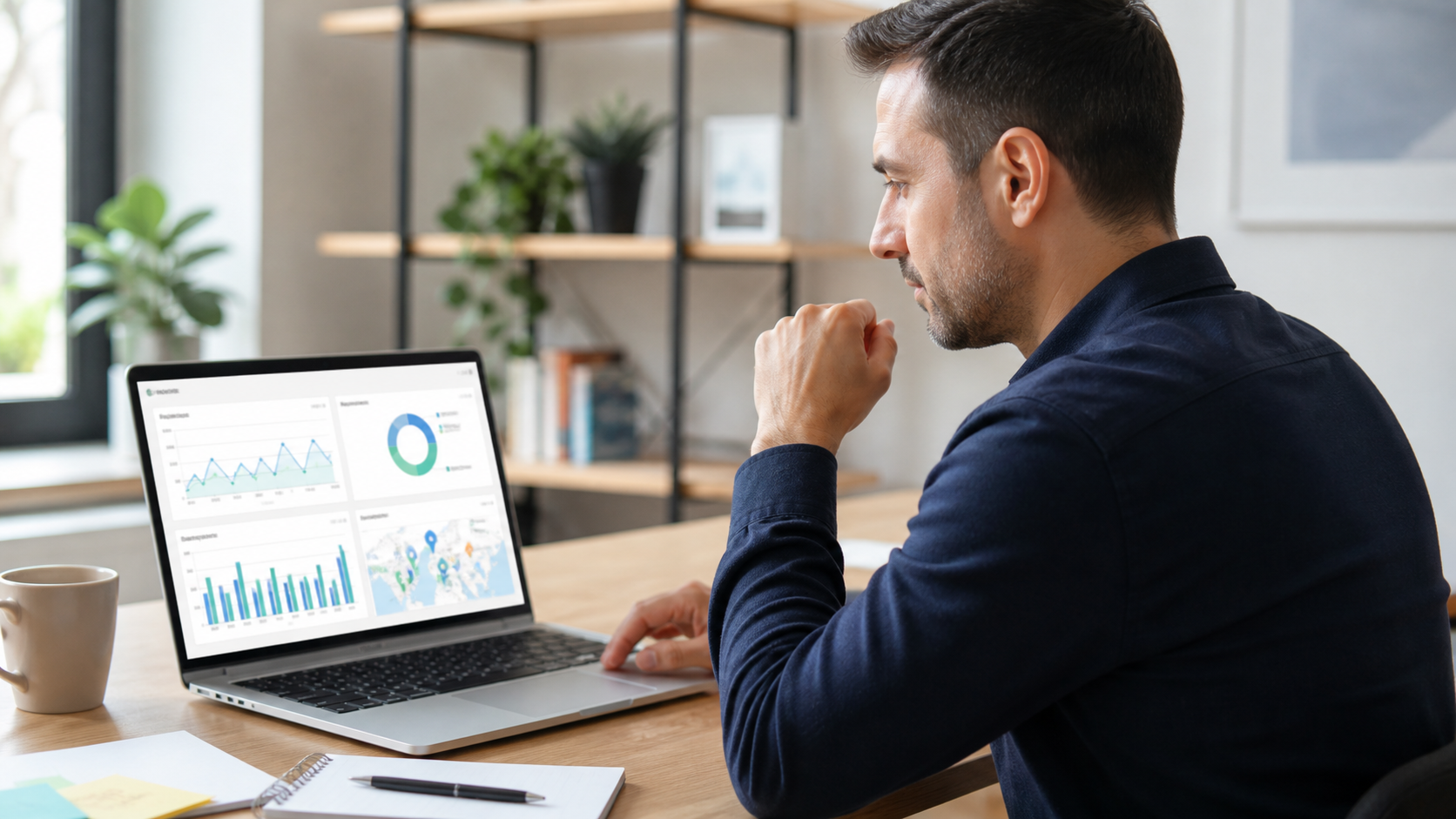 Consultant de marketing local analizând pe un laptop rapoarte Google Analytics și interacțiuni din Google Business Profile într-un birou luminos