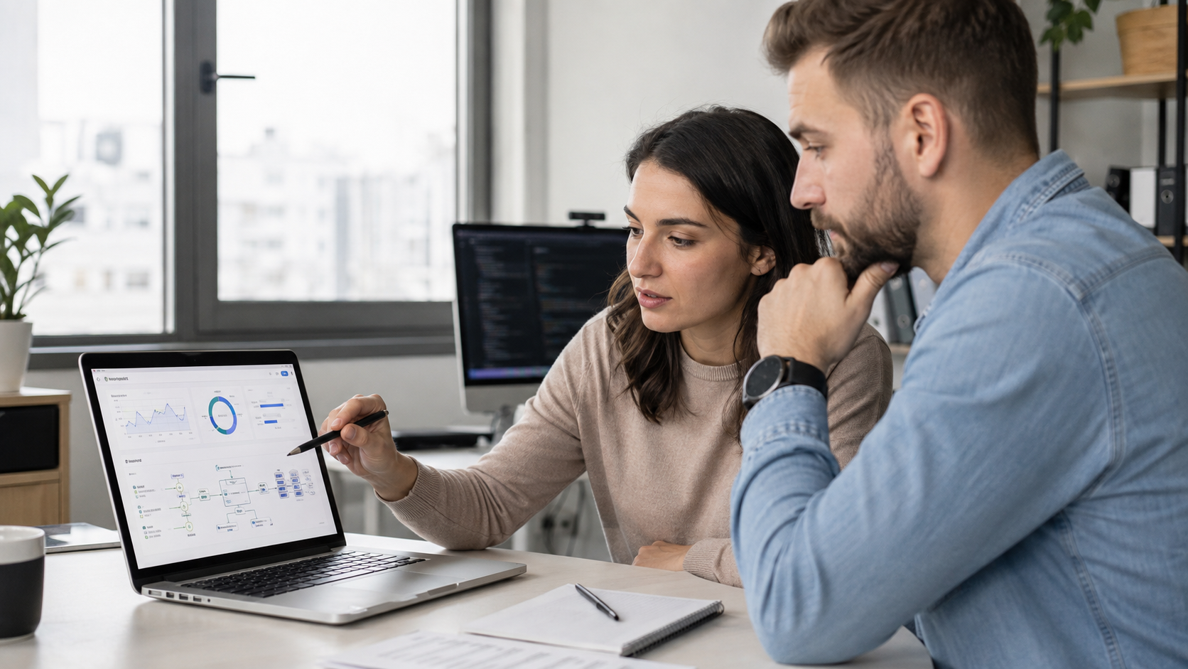 Specialist în marketing și tracking analizând pe un laptop o arhitectură de măsurare first-party cu dashboard de analytics într-un birou modern