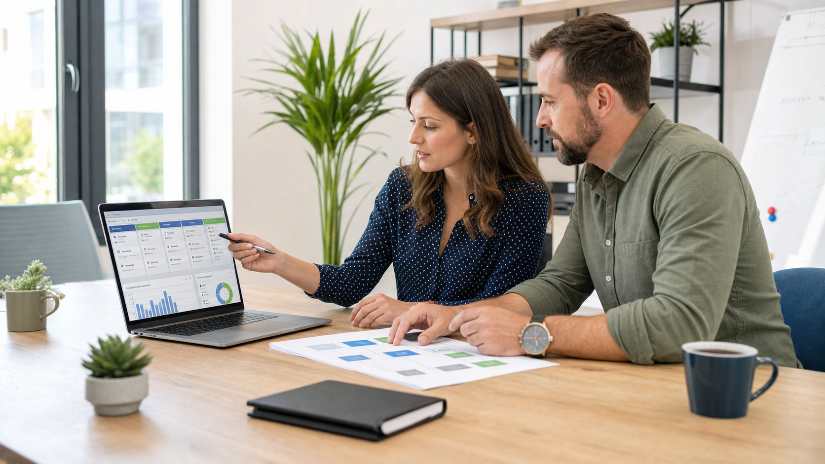 Consultant de marketing si antreprenor analizand un dashboard CRM cu pipeline de leaduri intr-un birou modern