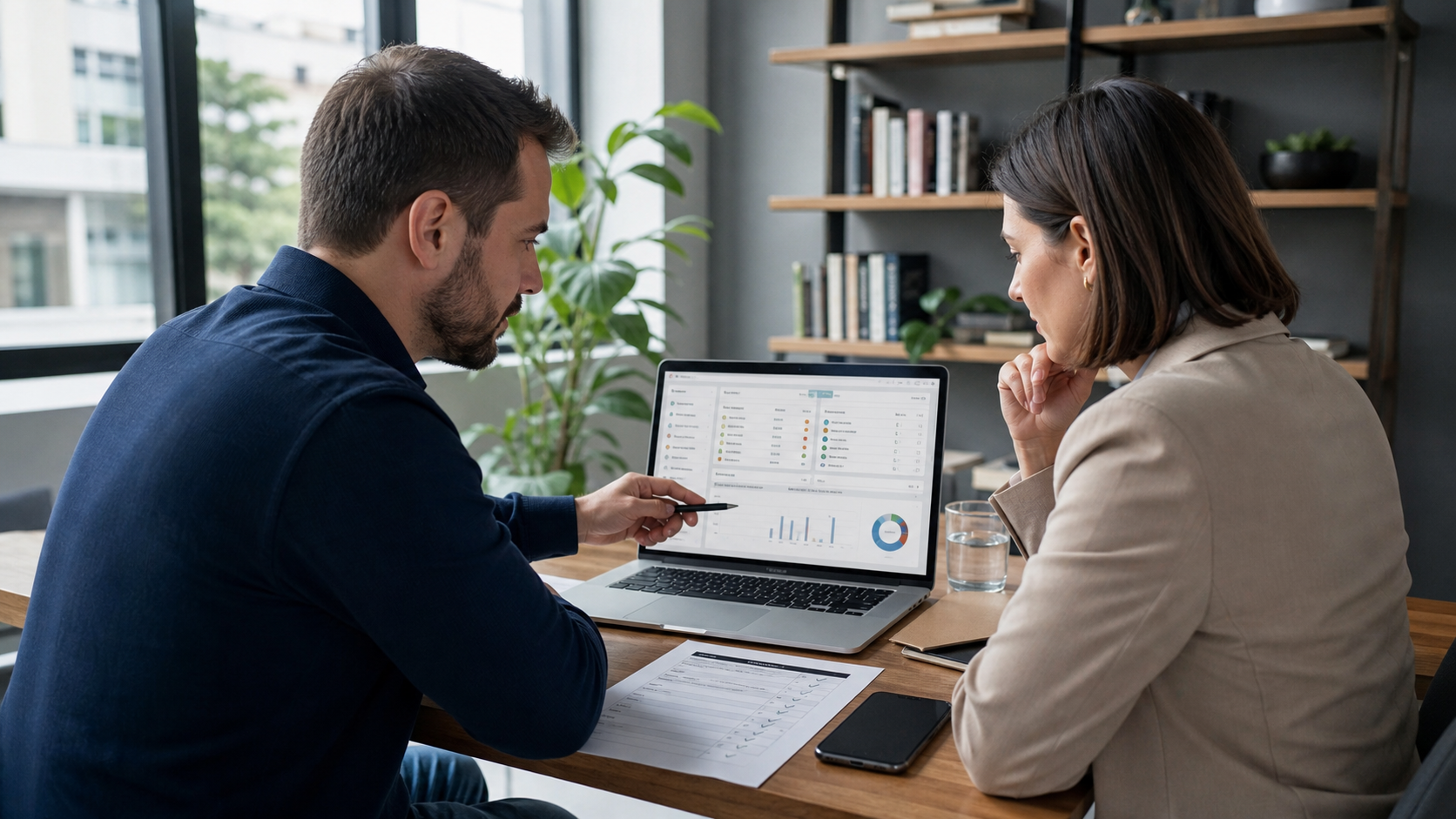 Consultant de marketing și manager de vânzări analizând un flux de lead nurturing pe laptop într-un birou modern