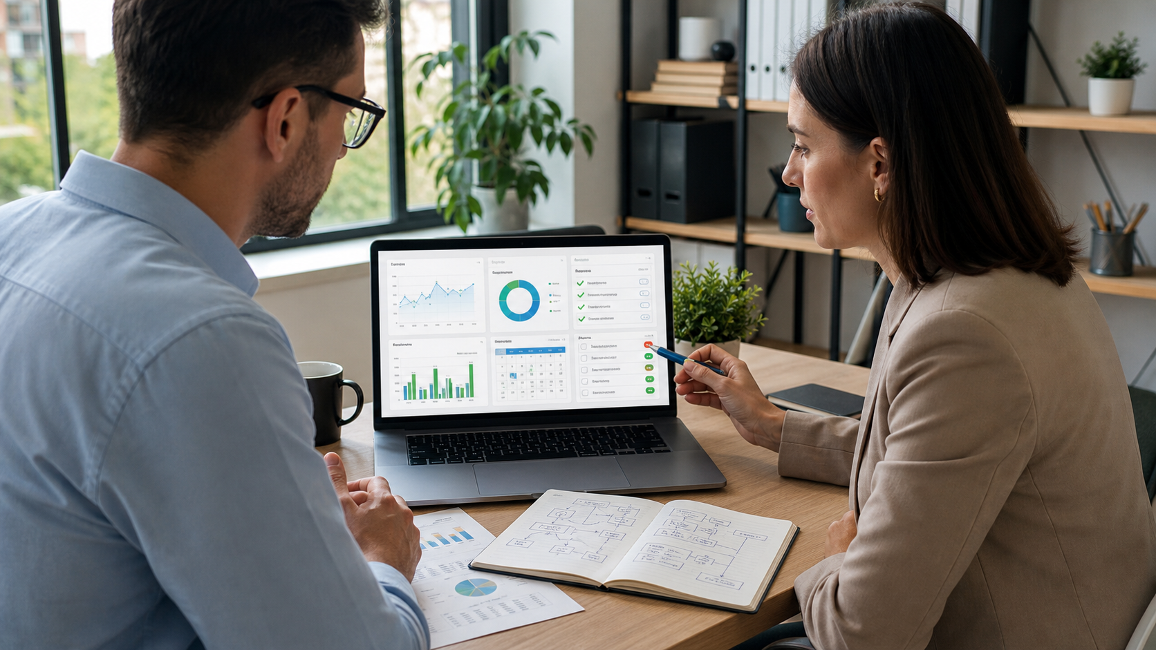 Specialisti de marketing analizand un dashboard de livrabilitate email si autentificare SPF DKIM DMARC intr-un birou modern