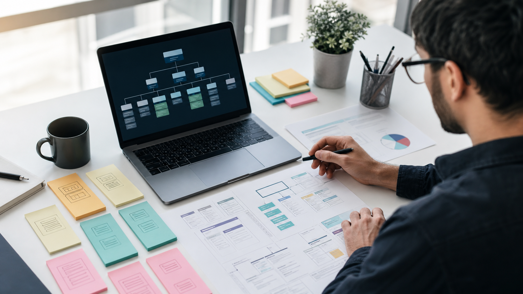 Specialist SEO organizează o hartă de conținut și structură de site pentru optimizare AEO într-un birou modern