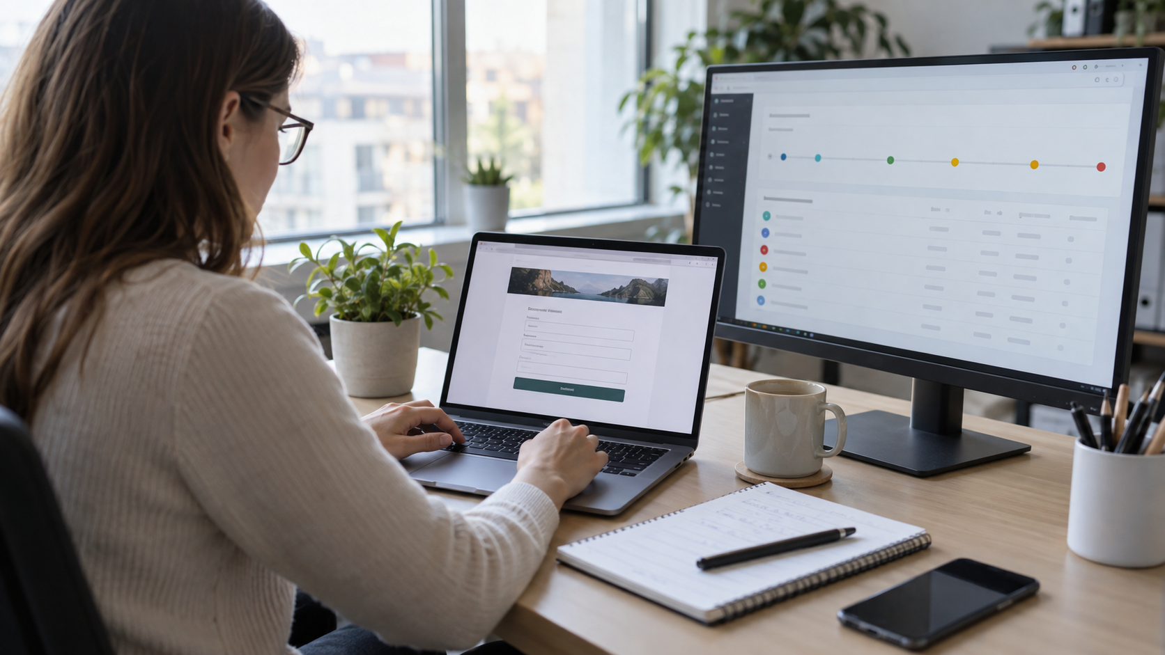 Specialist testând un formular pe laptop lângă un monitor cu o cronologie de evenimente