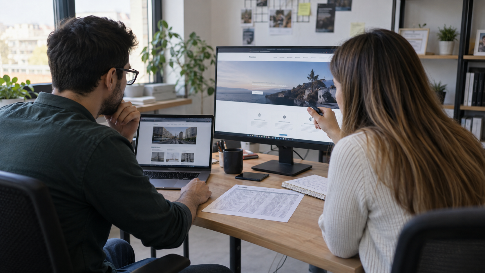 Doi colegi compară versiuni ale unui site pe laptop și monitor, lângă un tabel tipărit