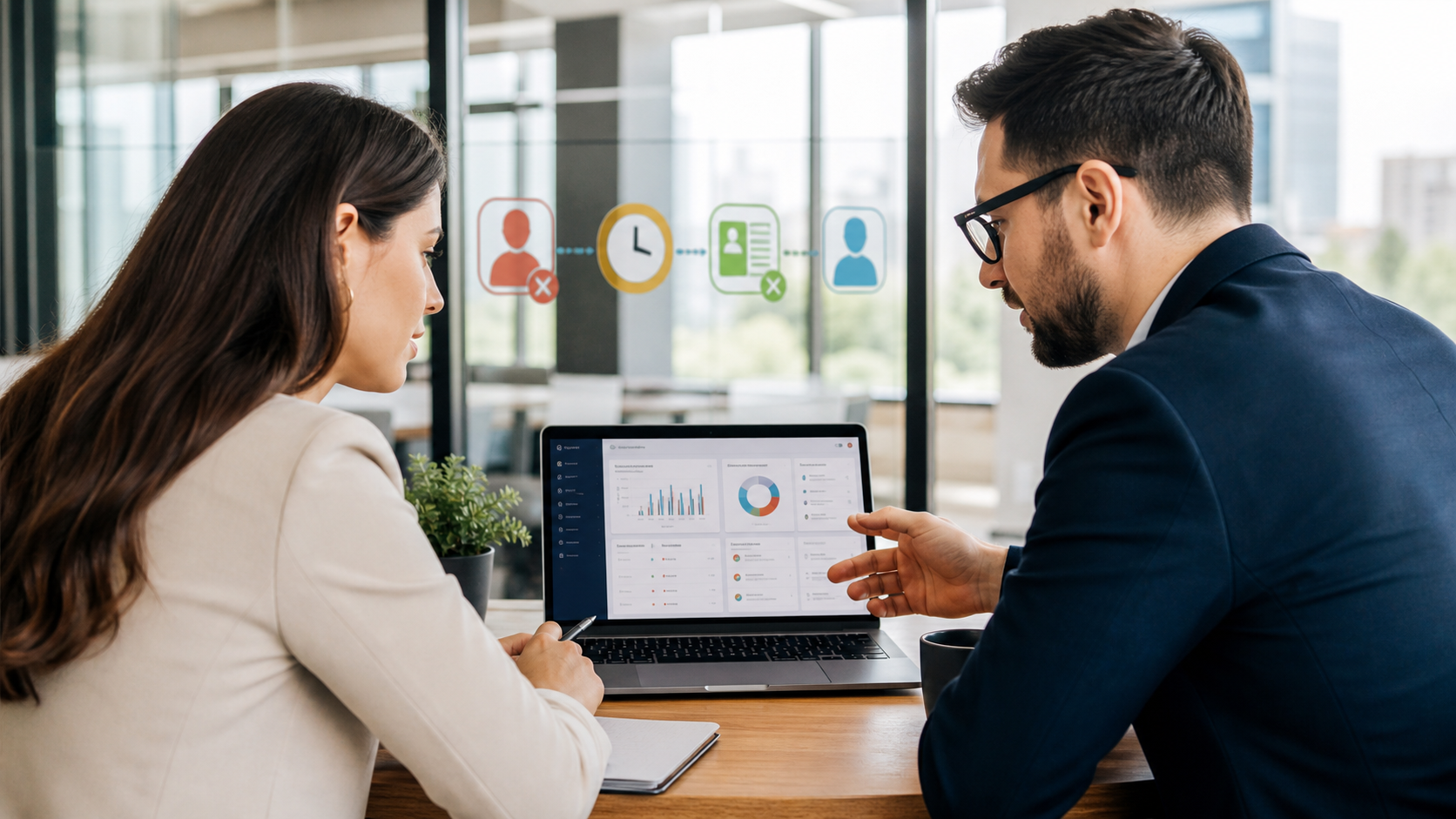 Doi profesioniști români din marketing și vânzări discută într-un birou modern în fața unui laptop cu un CRM generic și categorii vizuale pentru motive de descalificare a leadurilor