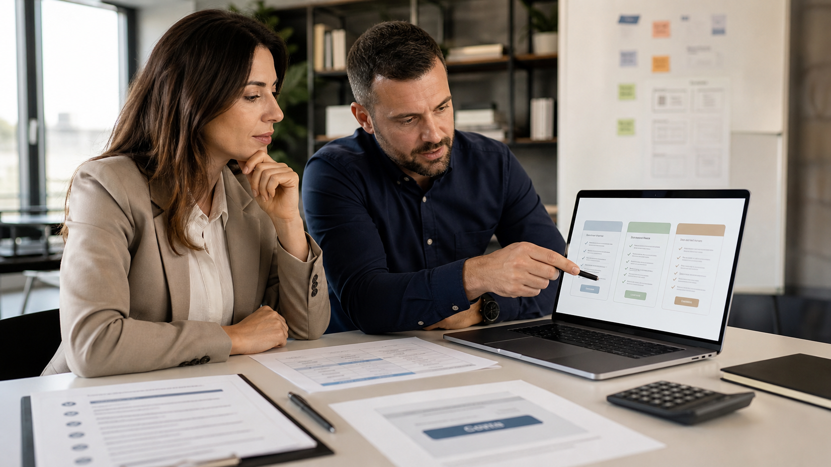 Antreprenor și consultant de marketing analizând pe laptop o pagină de prețuri cu pachete de servicii, comparații și cereri de ofertă într-un birou modern luminos