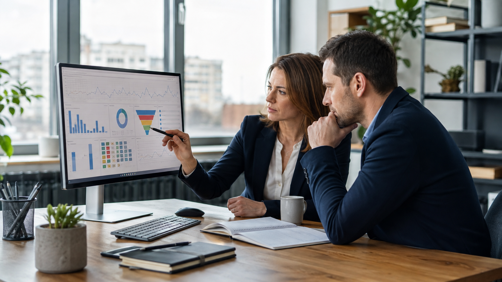 Specialist marketing și manager de vânzări analizând calitatea leadurilor unei campanii Performance Max