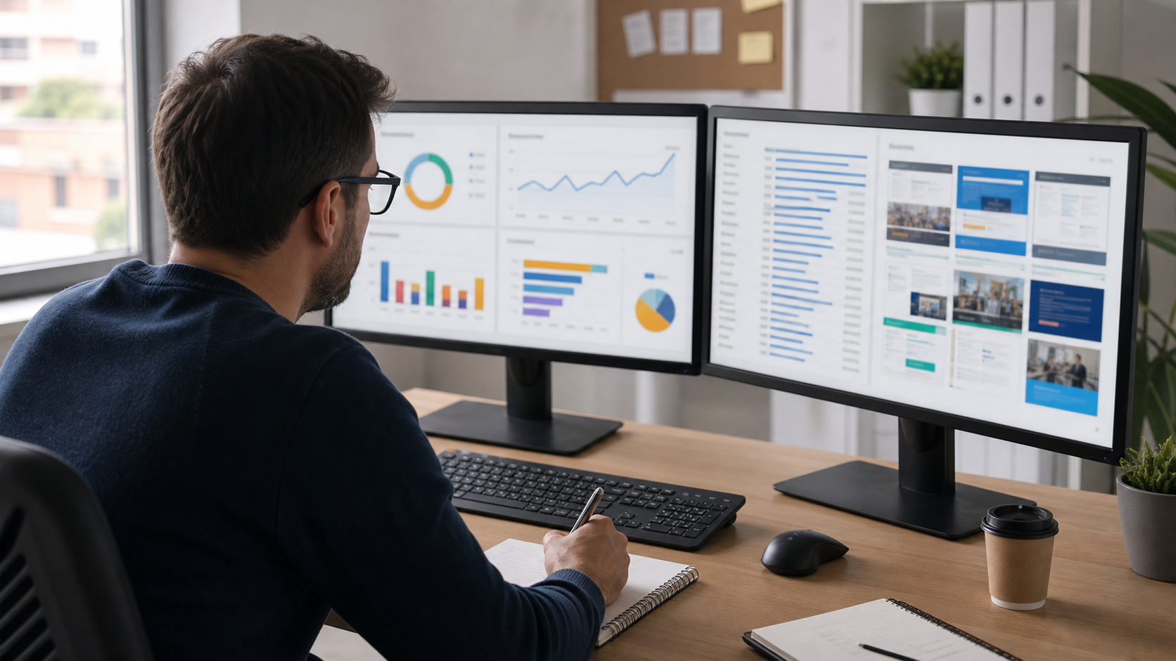 Specialist în marketing analizând pe un ecran rapoarte de campanii digitale cu grafice pe canale și conversii
