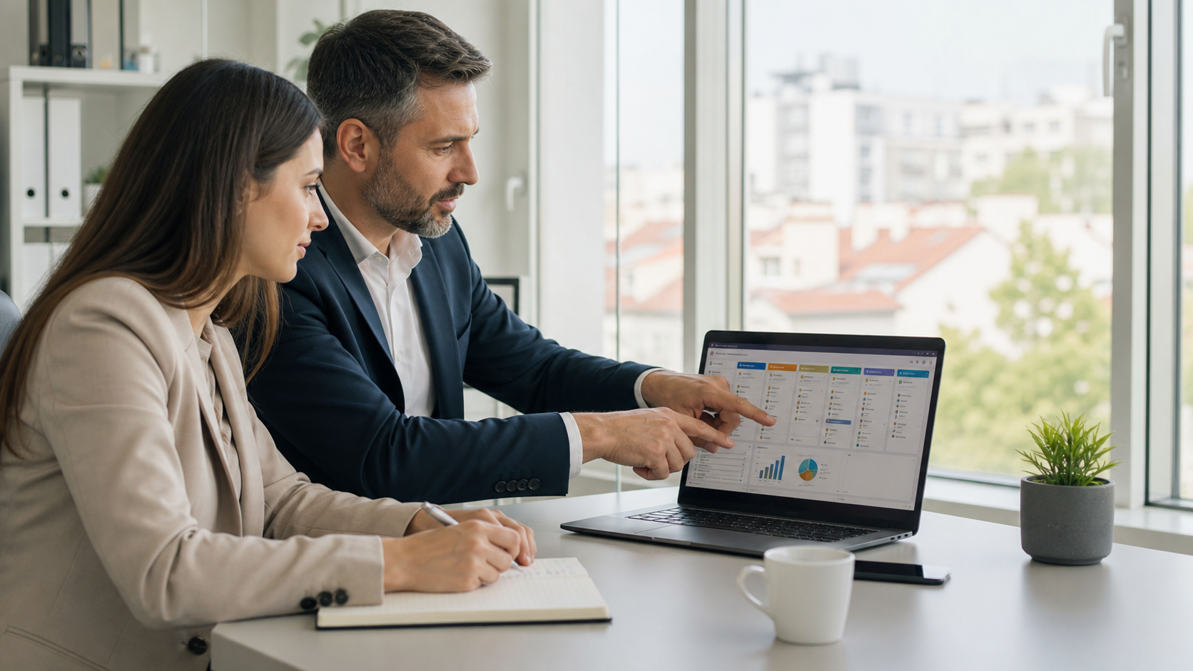 Manager comercial și specialist de marketing analizând într-un birou modern un pipeline de vânzări în CRM, cu etape, oportunități și activități de follow-up pe un laptop