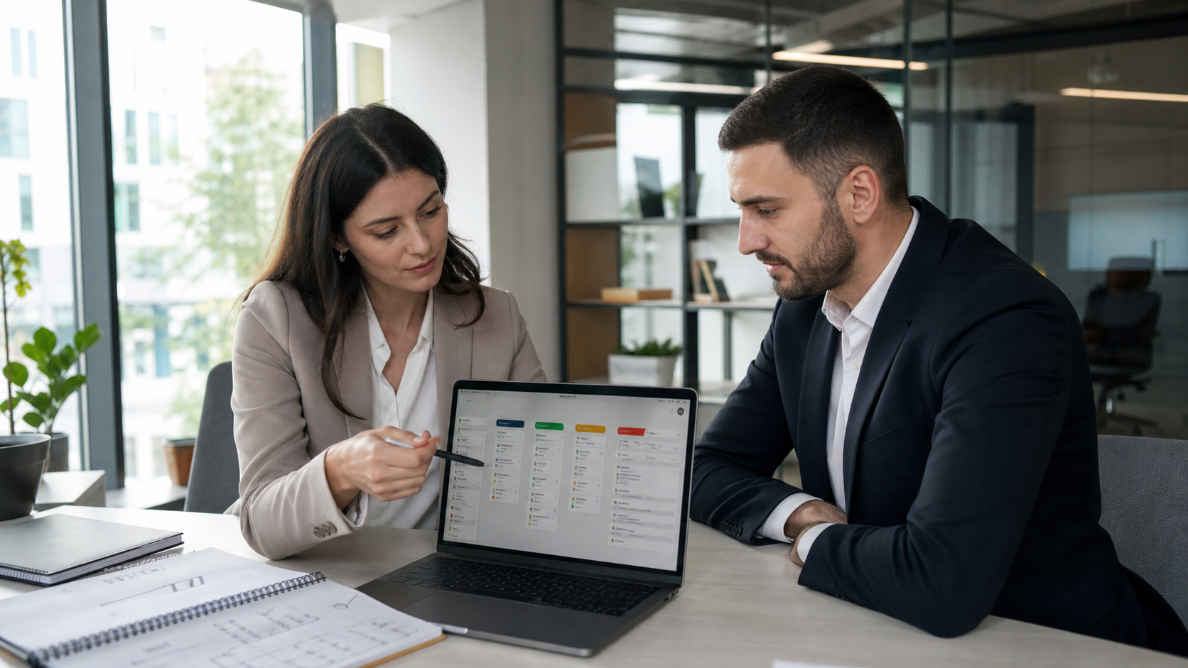 Manager de marketing și manager de vânzări din România analizând pe laptop un CRM generic cu leaduri, statusuri MQL și SQL și taskuri de follow-up într-un birou modern luminos