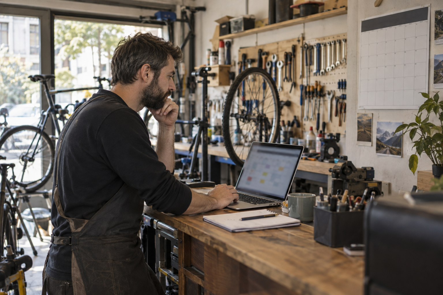 Proprietarul unui atelier de biciclete verifică pe laptop programul de lucru, lângă bancul de reparații