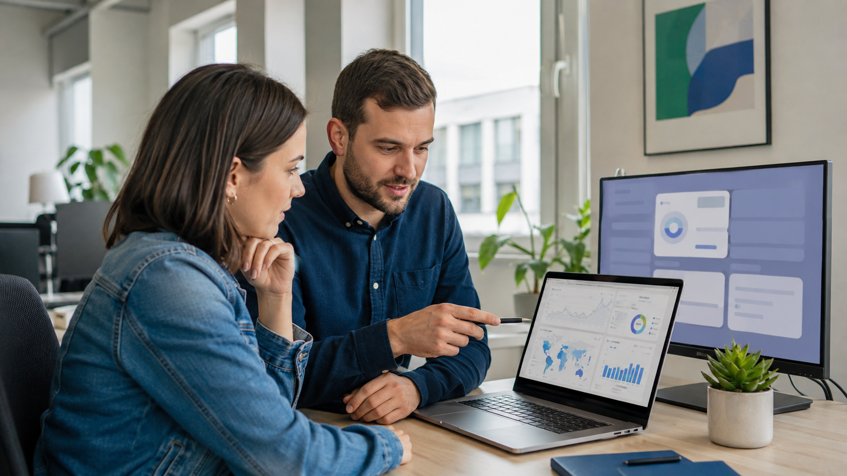 Specialist SEO și antreprenor analizând pe laptop un raport generic despre impresii din AI Overviews și AI Mode într-un birou modern