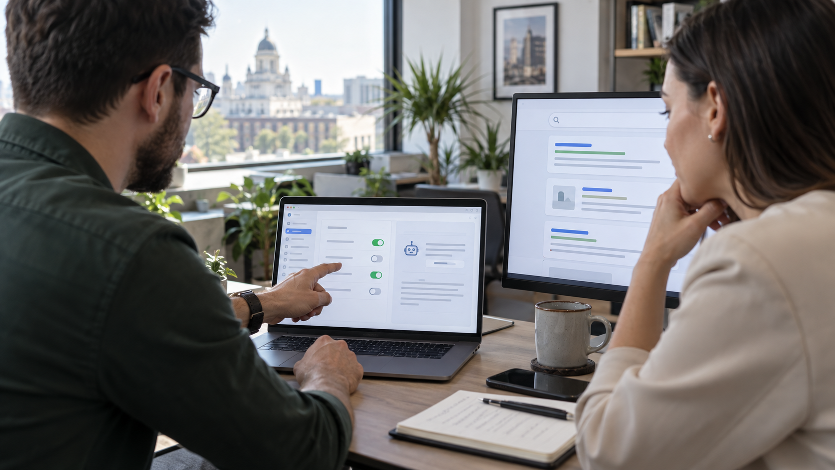 Consultant SEO și antreprenor analizând pe laptop setări abstracte pentru includerea conținutului în funcții generative AI din căutare