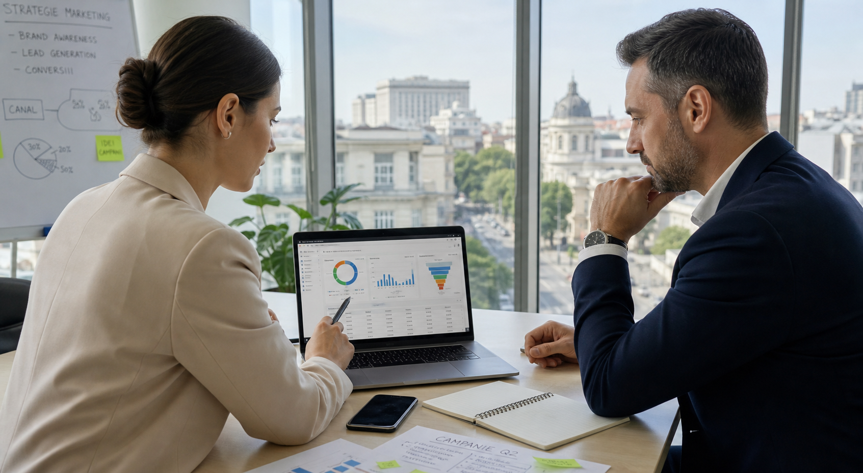 Specialist de marketing și manager comercial analizând într-un birou modern un dashboard CRM cu surse de leaduri, UTM-uri și campanii pe un laptop