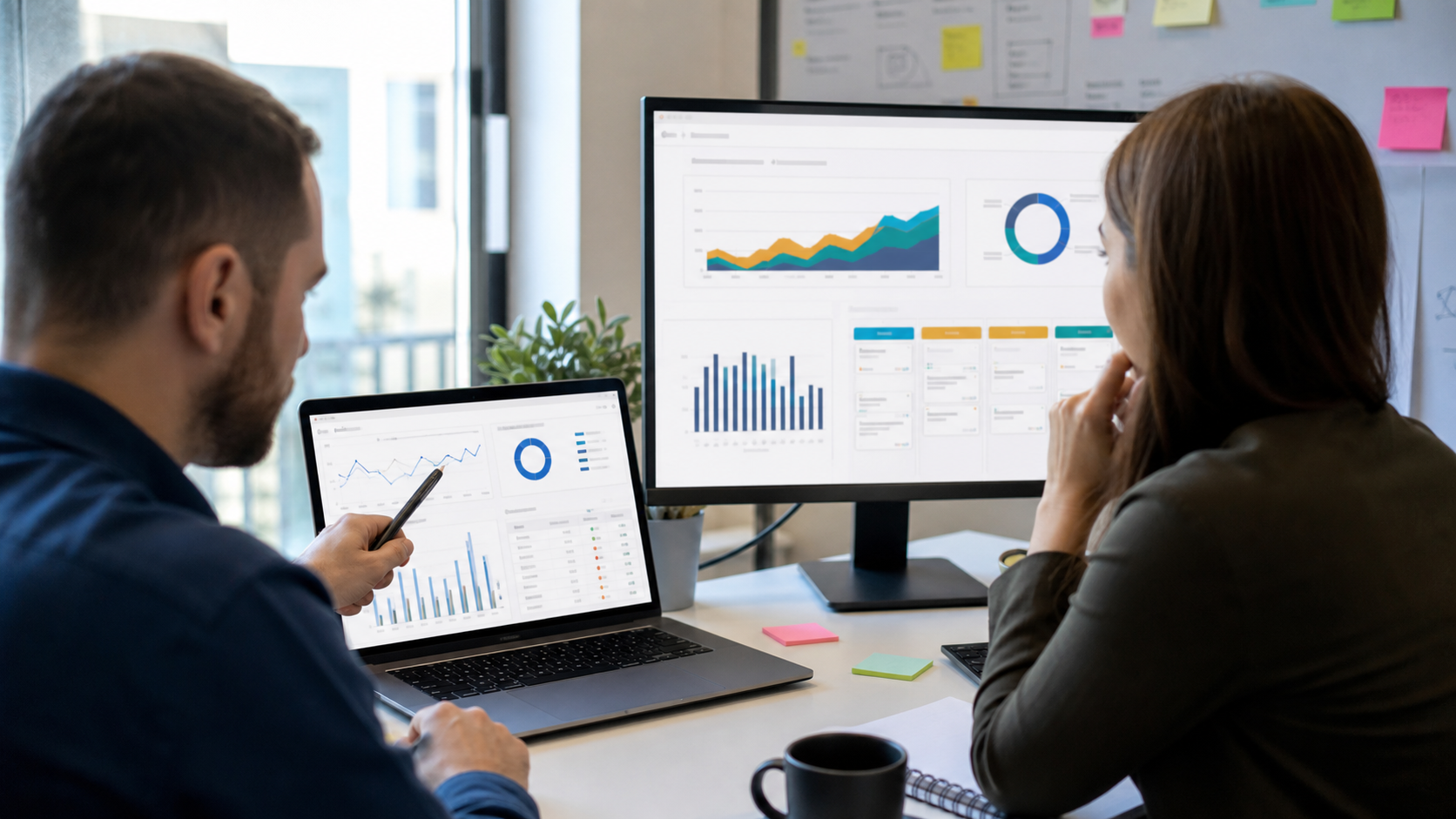Strateg SEO AEO și manager de vânzări analizând într-un birou modern traficul din AI referrals, leaduri și pipeline pe ecrane cu dashboarduri generice