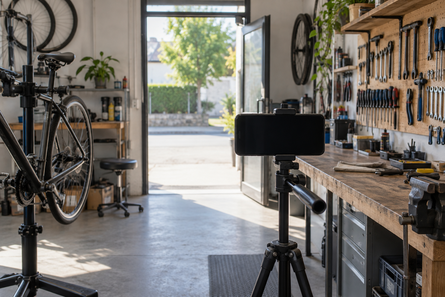 Telefon într-un atelier de biciclete cu unelte și intrare vizibile, scenă ilustrativă